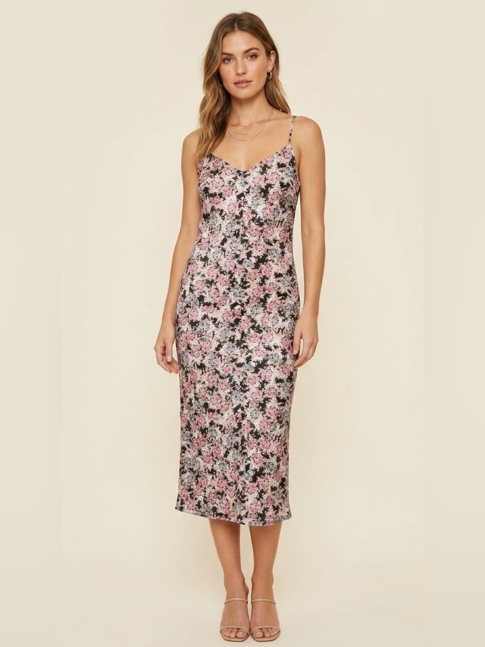 AFRM Floral Satin Midi Slip Dress Size Small Blue Pink Flowers EUC Revolve